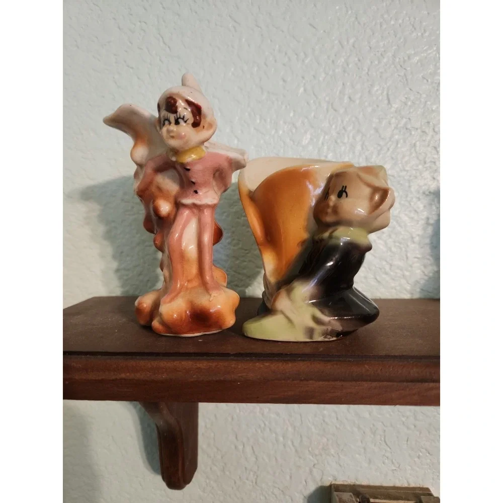 Vtg Fairy Pixie Elf Sprite Vase Set 2 Kitschy‎ Pink Elf Leprechaun Elf Set 2